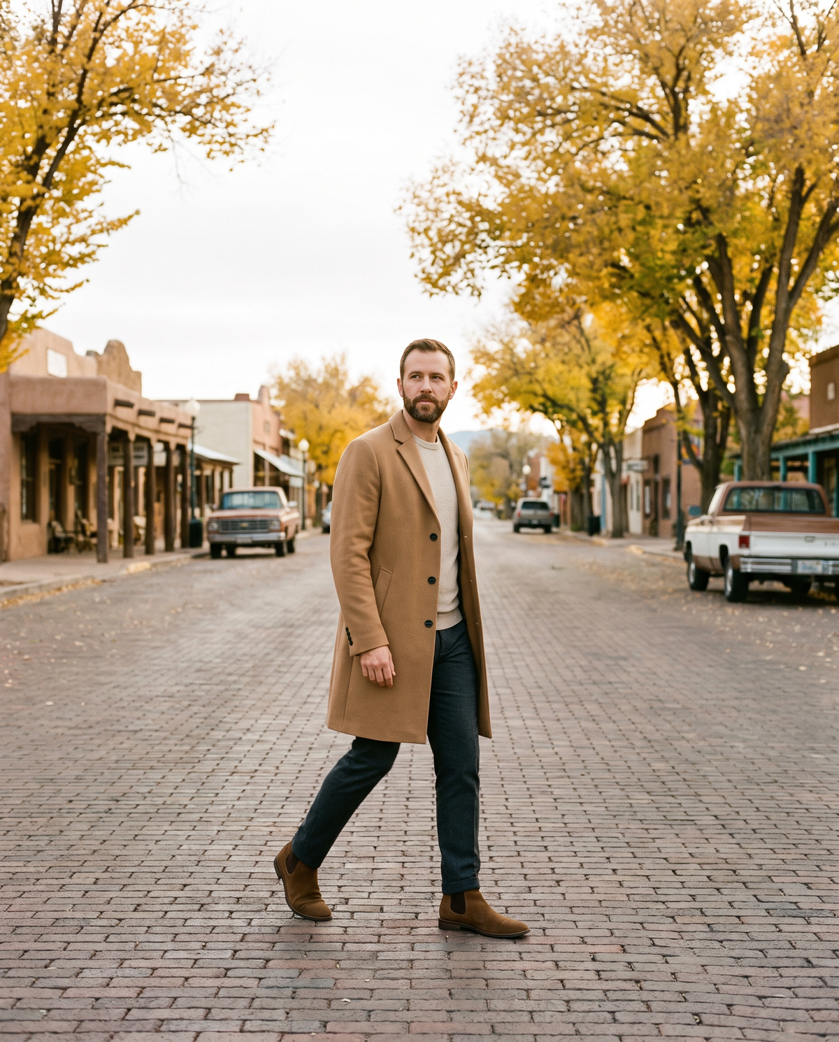 Camel overcoat, oatmeal knit